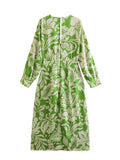 Yipinpay Vintage Print Long Dress Women Green Midi Dress Woman Ruched Long Sleeve Dresses For Women 2023 Elegant Women's Dresses