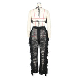 Yipinpay Women's Sexy Solid Color Fringe Knitted Halter Cup Cover And Cutout Trousers Two-Piece Set Summer Fashion Trend Trouser Suit