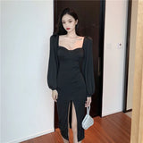 Yipinpay Vintage Dresses Women Puff Long Sleeve Square Collar Autumn Fashion Backless Split Slim Sexy Dress Elegant Party Ladies