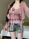 Yipinpay 2024 Pink Elegant 2 Piece Set Office Lady Lace Sexy Strap Tops Casual Cardigan Korean Fashion Blouse Suit Woman Outfits