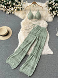Yipinpay Women Summer Design Knitted Set Sexy Backless Halter Short Tops+Chic Hollow Knitted Wide Leg Long Pants Two Piece Suit