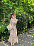 Yipinpay Vintage Dresses Women Temperament French Style Floral Printed Fashion V Neck Bandage Flare Long Sleeve Elegant Dress
