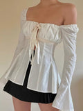 Yipinpay Chic White Shirts for Women Flare Long Sleeves Pleated Square Neck Bow Knotted Dress Tops Casual Elegant Blouses