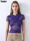 yipinpay 2023 Summer Sexy Mesh See Through T Shirt Streetwear Women Fashion Clothes Short Sleeve Crop Tops Y2K Female Night Club
