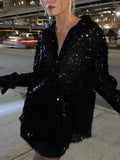 Yipinpay Sparkle Loose For Women Shirts Fashion Patchwork Long Sleeve Straight High Waist Y2k Top Female Elegant Glitter Shirt Top