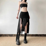 Yipinpay Spicy Girl Style Light and Thin Split Mesh Irregular Skirt for Women High Waist Slim Versatile Mid Length y2k Skirt