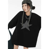 yipinpay Women Black Sweater Round Neck Star Pattern Fashion Retro Lazy Wind Thickening Winter New Long Sleeves Knitting Pullover Tops
