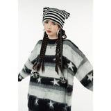 yipinpay Women Black Stripe Sweater Round Neck Color Contrast Stars American Fashion Streetwear Winter Long Sleeves Knitting Pullover