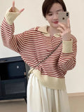 Yipinpay Sweater Female 2024 Korean Women Autumn Academy Sweater Loose and Slim Versatile Striped Top Long Sleeve Knit Sweater