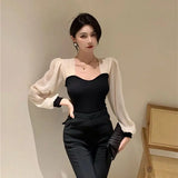 Yipinpay Slim Blusas Mujer French Square Long Sleeve Short Shirt Thin Womens Tops Chiffon Blouse Wild Elegant Knitwear Black Shirts