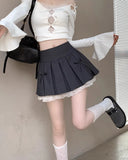 Yipinpay Pleated Skirts Women Sexy Bowknot High Waist Lace Patchwork Spring Fashion Culottes Sweet Firl Mini Skirt Casual