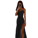 Yipinpay Satin Backless Side Split Maxi Dress Women 2024 Summer Sexy Slim Off Shoulder Ruched Bodycon Female Party Evening Dresses