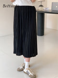 yipinpay Summer Pleated Midi Skirt Women Solid Color Elegant Lining A-line Long Faldas Female Slim Chic Cute High Waist Skirts