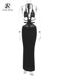 Yipinpay Spaghetti Strap Knitted Beach Long Dress Summer Vintage Hollow Out Sheath Sundress 2024 Elastic Backless Sexy Dress