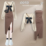 Yipinpay Women's Spring Autumn New Knitted Sweaters Two Piece 2024 Korean Elegant Bow Cardigan Strap Skirt Matching Set Female Clothing