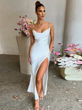 Yipinpay MO Sexy Satin Spaghetti Strap Hight Split Long Dress Women Robe Elegant Sleeveless Backless Midi Dresses Vestido