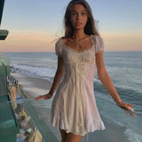 Yipinpay Womens Summer Sweet Dress Short Puff Sleeve Scoop Neck Floral Jacquard Patchwork Cross Tie-Up Mini Short Sundress