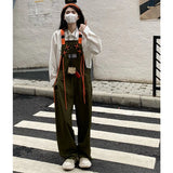 Yipinpay Women's Casual Suspender Overalls Vintage Fashion Straight Wide Leg Pants Tooling Style Baggy Mopping Trouser All Season