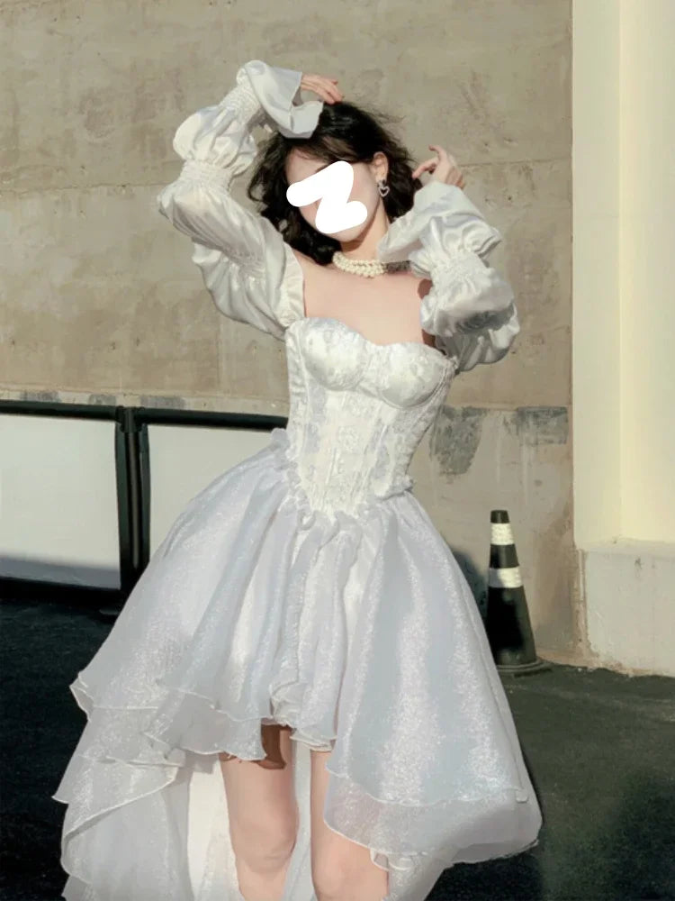 Yipinpay Color Fairy Midi Dress Women White Elegant Evening Party Dress Beach 2024 Spring Casual Long Sleeve Fashion Dress Korean
