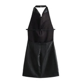 Yipinpay European and American Autumn Halter Neck Sleeveless Halter Imitation PU Leather Black Temperament Sexy Mini Dress