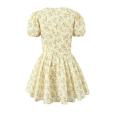 Yipinpay New Women Vintage Puff Short Sleeve V Neck Yellow Floral Print Dress Pleated Hem Female Holiday Summer Mini Robe
