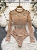 Yipinpay Beading Sequins Mesh Bodysuits Women O Neck Summer Sexy Party Club Long Sleeves Ladies Fashion Solid Rompers