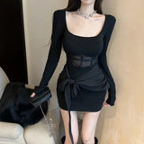 Yipinpay Woman Dress Sexy Mesh Patchwork Long Sleeve Square Collar Slim Stretch Black Elegant Dresses Party Female Stylish