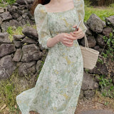 Yipinpay Chic Temperament Slim High Waist Square Collar Floral Chiffon Dress Women Short Sleeve Fashion Vestido De Mujer Sexy