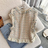 Yipinpay Tweed Vest Slim Crop Tops Autumn Colete Feminino V Neck Knitted Plaid Vest Sweater French Waistcoat Ruffled Blouse