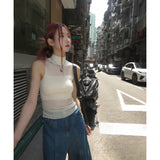 yipinpay Women's Clothing Apricot Sleeveless Minimalist Vintage Casual Fashion Sexy Dew Waist Female Chic Vest Thin Tops 2023 NEW Summer