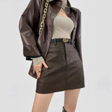 Yipinpay Pu Leather Skirts For Women Sexy Korean Fashion High Waisted Stretchy Mini Short Skirt Faux Leather Dark Brown Female 2024