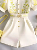 Yipinpay Tailored Trousers Retro Printed Short Sleeved Shirt Puff Short Sleeve Blouse Korean Tops 2 Piece Sets White Shorts Suits