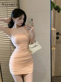 Yipinpay Mesh Spliced Folded Suspended Dresses for Women Spring/Summer Sexy Hip Wrap Slim Fit Sleeveless Spicy Girl Short Dress