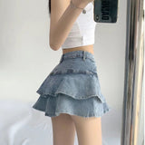 Yipinpay Sexy Ruffle Mini Skirt Denim Women Summer Vintage Cute High Waist Patchwork A-line Short Jeans Skirt Gyaru Streetwear