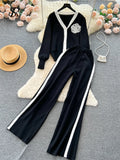 Yipinpay Fashion Knitted Women Suits Single Breasted V Neck Cardigan+Wide Legs Long Pants Autumn High Street Loose Sweater Sets