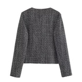 Yipinpay Autumn Women Single Breasted Tweed Jacket Round Neck Long Sleeve Elegant Female Chic Crop Outerwear
