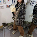 Yipinpay Vintage Patchwork Plaid Shirt Women Cardigan Top Grunge Korean Style Long Sleeve Loose Button Up Shirt Casual Streetwear