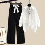 Yipinpay Women's Fashion Set 2024 Spring Autumn New Splicing Shirt+Elastic Waist Wide Leg Pants Two Piece Korean Chic Blouse Trouser Suit