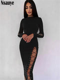 yipinpay Hollow Out Women Sexy Midi Bodycon Bandage Long Sleeve Night Club Fashion Dress Party 2023 Autumn Wrap O Neck Dress