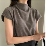 Yipinpay Gentle Grey Half Turtleneck T-shirt Short Sleeve Top Slim Crop Y2k Clothes Pink Shirts for Women Knit Tee Ropa De Mujer