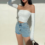 Yipinpay Female Crop Tops Solid Color Boat Neck Blouse Pullover With Long Sleeves For Summer Apricot/Black/White/Green/Purple Casual