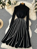 Yipinpay Turtleneck Striped Pleated Knitted Dress Long Sleeve Thick Elastic Warm Dress Women Winter Vinage Chic Sweater Dress