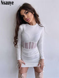 yipinpay See Through Mesh Women Chic Fashion Summer Long Sleeve Ribber Knitted Y2K Mini Dress Sexy Party Club Casual Dress 2023