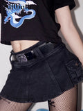 Yipinpay Harajuku Y2k Denim Skirt Women Dark Gothic Streetwear Mini Skirt with Skull Belt Mall Goth Punk Grunge Sexy Emo Clubwear