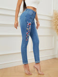 Yipinpay Winter New High Waist Embroidered Jeans for Women Fashionable Stretch Slim Ankle-Length Denim Pencil Pants S-XL