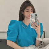 Yipinpay Right Shoulder Tee Chain O Neck Puff Short Sleeve Crop Tops Solid Color Blouse White Oversized T Shirt Cotton New Wild