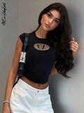 yipinpay Top Y2K Tops Letter Print Tshirt O Neck Short Sleeve Baby Tees Women Clothes Basic Blue 90s Causal Streetwear Black T Shirt