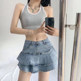 Yipinpay Sexy Ruffle Mini Skirt Denim Women Summer Vintage Cute High Waist Patchwork A-line Short Jeans Skirt Gyaru Streetwear