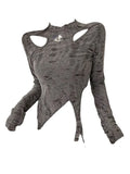 Yipinpay Women Dark Academia Y2k Streetwear Gyaru Baddie Style Long Sleeve T-Shirt Hollow Out Tees Irregular Design Grunge Crop Tops