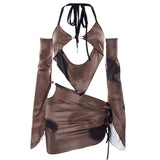 Yipinpay Summer Sexy Clothes Suit Skirt Sets Mixed Color Hanging Neck Tie Up Backless Camisole Low Waist Hip Skirt Oversleeve Set
